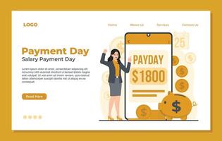Landing page template featuring mobile payday notifications with a smartphone, piggy bank, and coins, representing digital salary payments and financial management vector