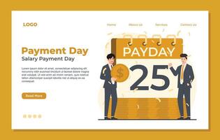 Landing page template highlighting payday celebration with a calendar, coins, and confetti, symbolizing financial rewards and salary day excitement vector