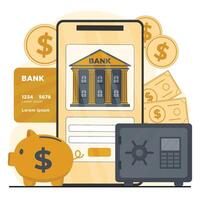 Online Banking Illustration of a smartphone showing a bank interface, a piggy bank, a safe, and dollar signs representing digital financial management vector