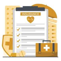 Illustration displaying a health insurance policy, first aid kit, and medical elements, emphasizing healthcare coverage and financial security vector