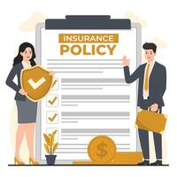 Illustration featuring two business professionals with an insurance policy document, symbolizing agreements, coverage, and financial planning vector