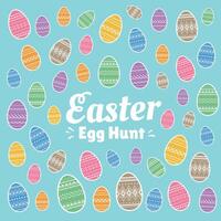 Easter Egg Hunt banner or poster design template with different bright colorful eggs on blue background vector
