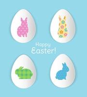 Happy Easter Greeting card design with decorative paper eggs and bunny silhouettes filled with different colorful patterns vector