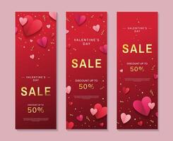 Valentine's Day sale vertical banners set. Pink and red paper hearts with golden confetti and text on red background. Discount up to 50 vector