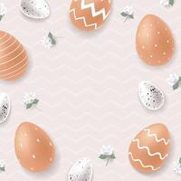 Cute Easter background with space for text. Chicken and quail Easter eggs with white modern minimalistic ornament and flowers on beige background vector