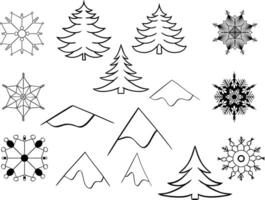 Mountains, pine trees, snowflakes in graphic line style set outline icon set. icon collection. isolated on transparent background vector