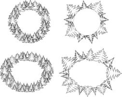 Background of pine tree forest, oval and round circle frame set. graphic line illustration. Transparent background vector