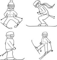 Hand drawn graphic line drawings set of skiing illustrations with skiers in action with dynamic poses, highlighting winter sports and movement. winter sport outline drawing on white background vector
