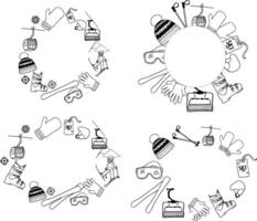Ski equipment circle round oval template frame set. Ski club retro badge in graphic line style vector