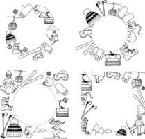 Ski club concept circle round template frame set. Ski equipment retro badge in graphic line style vector