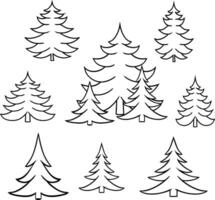 Isolated black and white color pine trees in graphic lineart style set, forest, park and garden tree signs collection vector