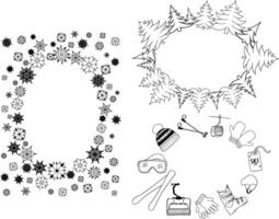 Winter sports, pine tree forest, snowflakes background with graphic line elements in oval with space for text. Winter activities frame set card with skiing equipment and other icon vector