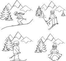 Skier in mountains with pine trees composition set. graphic line composition in mountains. Design. vector