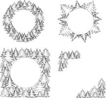 Pine tree graphic line round circle frame set. templates for greeting New Year and Christmas cards, banners, invitations. vector