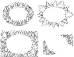 Graphic line pine tree forest oval frame set. Isolated on white transparent background illustration vector