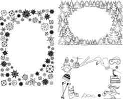 Graphic line pine tree, snowflakes, ski equipment, forest oval frame set. Isolated on white transparent background illustration vector