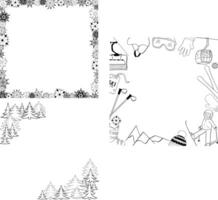Graphic line square frame set with winter elements ski equipment, snowflakes and pine tree forest. Winter Frame Snow with transparent Background vector