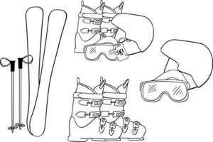 Ski resort icons set. Mountain active entertainment. Ski equipment composition graphic line set. Line with editable stroke vector