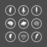 Knowledge icon set, brain, feather, rocket, diamond vector
