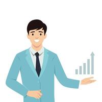 Business man standing pointing at chart and presentation. vector