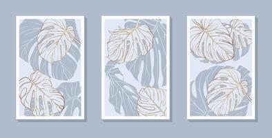 set of posters with monstera leaves in a minimalist style on a delicate blue background with thin golden contours. Elegant and harmonious compositions. stylish wall galleries, modern spaces vector