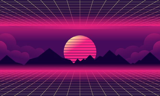 Vaporwave Landscape Illustration. Retro Landscape Skyline with Neon Light Grid Sun and Mountain Sci-Fi Futuristic Concept for Background and Wallpaper