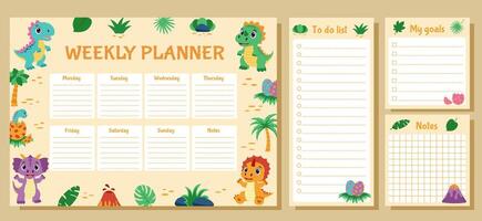 Dinosaur set of weekly planner, to do list, goals and notes. Set with dinosaurs and tropical plants. vector