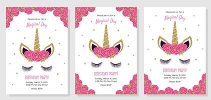 Unicorn set of birthday party invitations, greeting cards. Invitations with unicorn elements and roses. vector