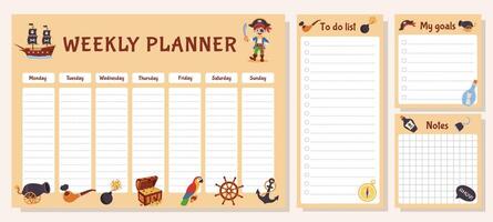 Weekly planner, to do list, goals and notes. Set with pirate elements. Pirate concept. vector