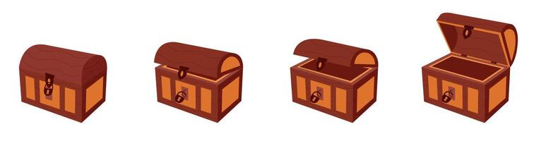 Chests set. Set of wooden chests with open and closed lid. Chests for pirate treasures. vector