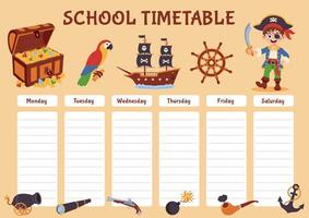 Pirate school timetable, lesson schedule. Timetable with pirate elements. vector