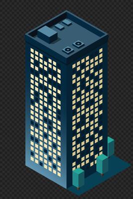 Isometric city building at night. Isometric modern building. Skyscraper building or business office. illustration