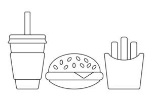 Fast food line icons. French fries, hamburger, beverage. illustration isolated on white background. vector