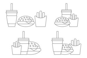Fast food line icons. French fries, hamburger, beverage. vector