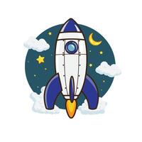 Illustration of rocket flying in the space cartoon design style vector
