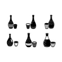 Sake Bottle and Cup and Linocut Silhouette Design vector