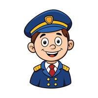 Cheerful Cartoon Pilot Character in Blue Uniform and Cap Smiling on White Background vector