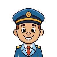 A Happy Cartoon Pilot Character in Blue Uniform and Hat Smiling on White Background vector