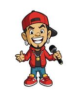 A Cheerful Cartoon Rap Singer Character Holding a Microphone and Wearing a Red Outfit on a White Background vector