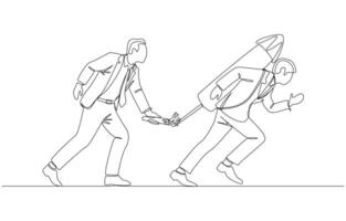 Continuous one line drawing of businessman helping young employee run faster by lighting huge firework, providing support to enhance skills for rapid career advancement concept, single line art vector