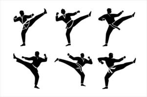 Six Karate Practitioners in Dynamic Kicks and Punches vector
