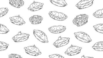 Pie cake seamless pattern, pumpkin pie background. Pie doodle sketch motif. Pastry, bakery wallpaper, paper wrapper. print, packaging vector