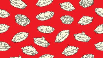 Seamless pattern of doodle pie cake on red background. Hand drawn pie cake sketch motif wallpaper. Pastry, bakery wallpaper, paper wrapper. print, packaging vector