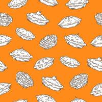 Pie cake doodle sketch seamless pattern on orange background. Apple pie motif. Bakery wallpaper, wrap. print, packaging vector