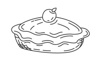Apple pie drawing. Pie cake with cherry topping sketch doodle style. Editable stroke vector