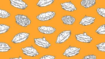 Doodle pie cake seamless pattern on orange background. Pie sketch motif. Pastry, bakery wallpaper, paper wrapper. print, packaging vector