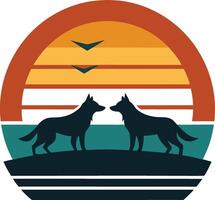 Sunset Silhouette Two Wolves Facing, Coastal Scene, Retro Style vector