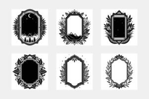 Six Ornate Black and White Frames Floral, Mountain, Starry Night Designs vector