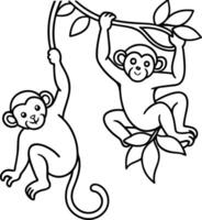 Two Monkeys Swinging on Branch, Jungle Vines, Cute Primates vector