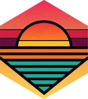 Retro Sunset Ocean Graphic Design, Hexagon Shape, Summer Vibes vector
